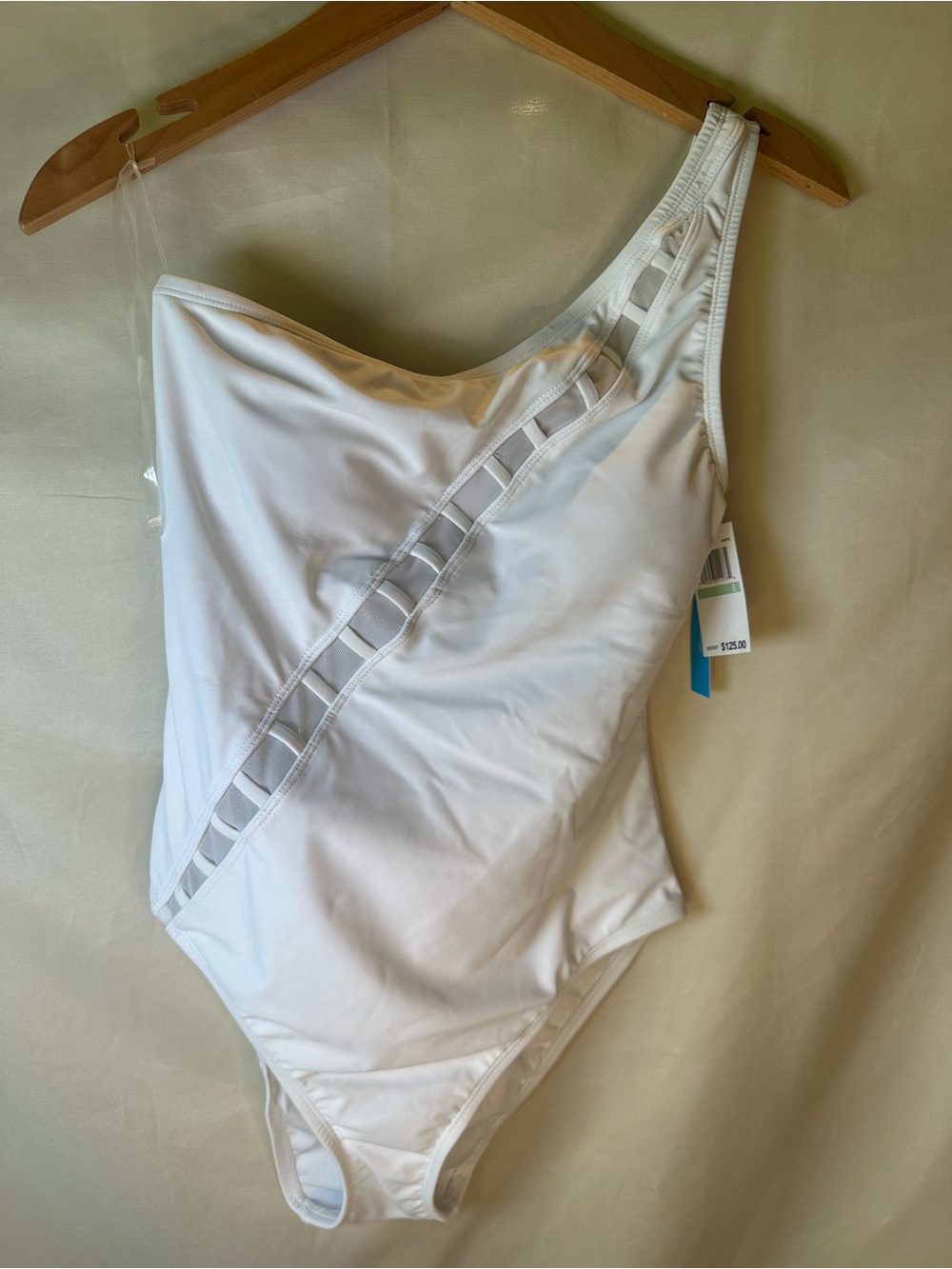 Bleu Rod Beattie White One-Shoulder womens One-Piece Swimsuit mesh 8 NWT